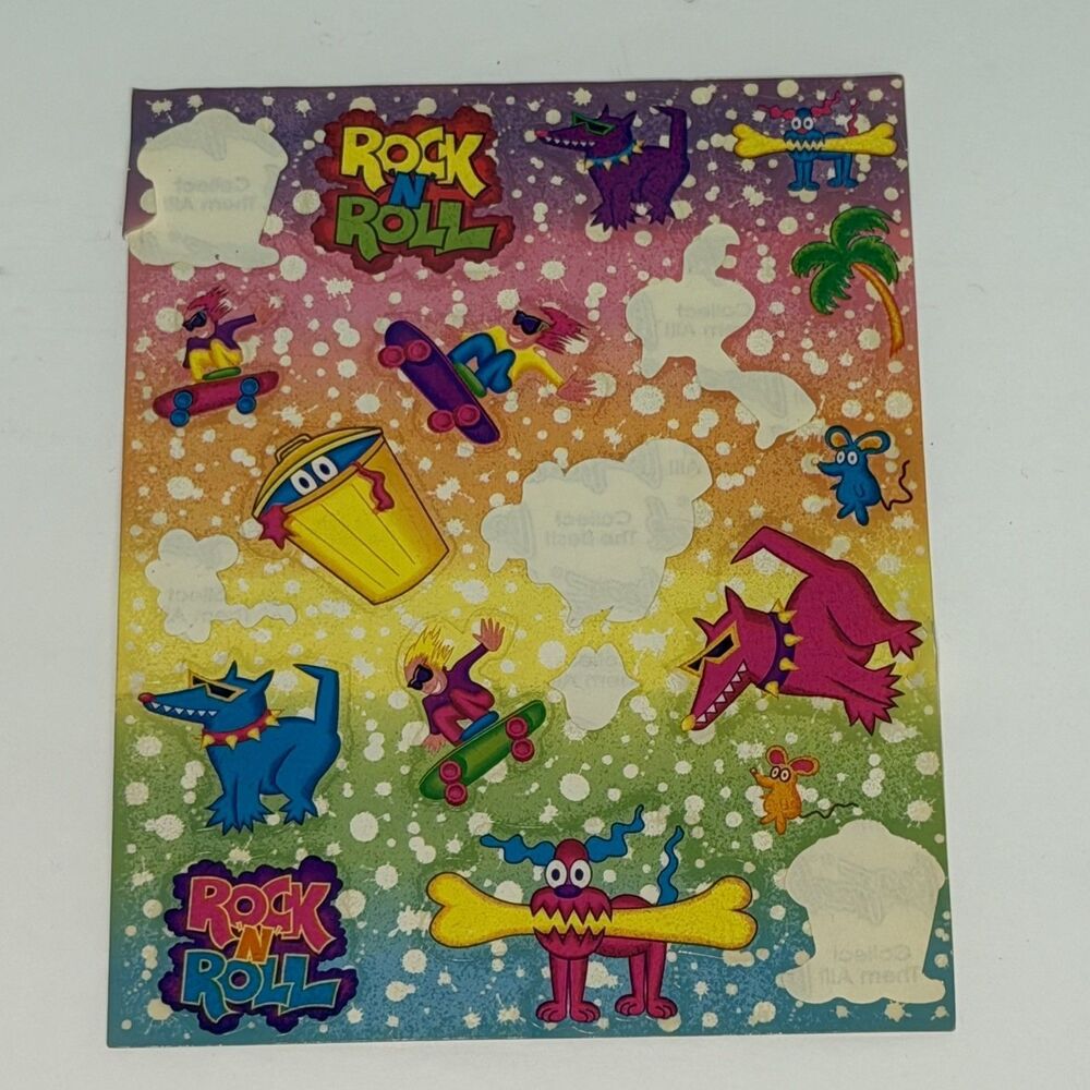 Vintage Lisa Frank Sticker Half Sheet Rock N Roll Dog Skater Graffiti 1990s HTF